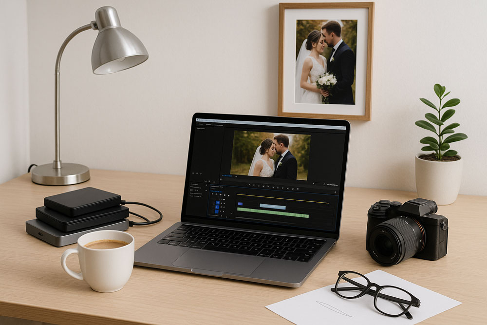Laptop cu timelin-ul Premiere pus la export. Videograf Cameraman Filmari Nunti Botezuri Bucuresti.