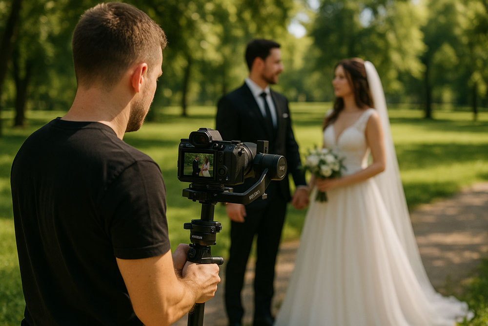 Videograf in parc la sedinta video cinematica cu mirele si mireasa. Videograf Cameraman Filmari Nunti Botezuri Bucuresti.