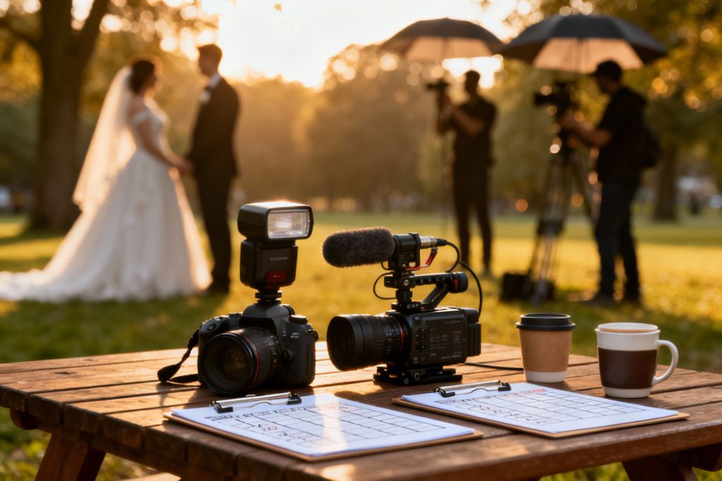 Videograf nunta botez Bucuresti, echipament foto-video asezat pe masa cu o pereche de miri si videografi neclari în fundal, ilustrand focusul pe detalii.