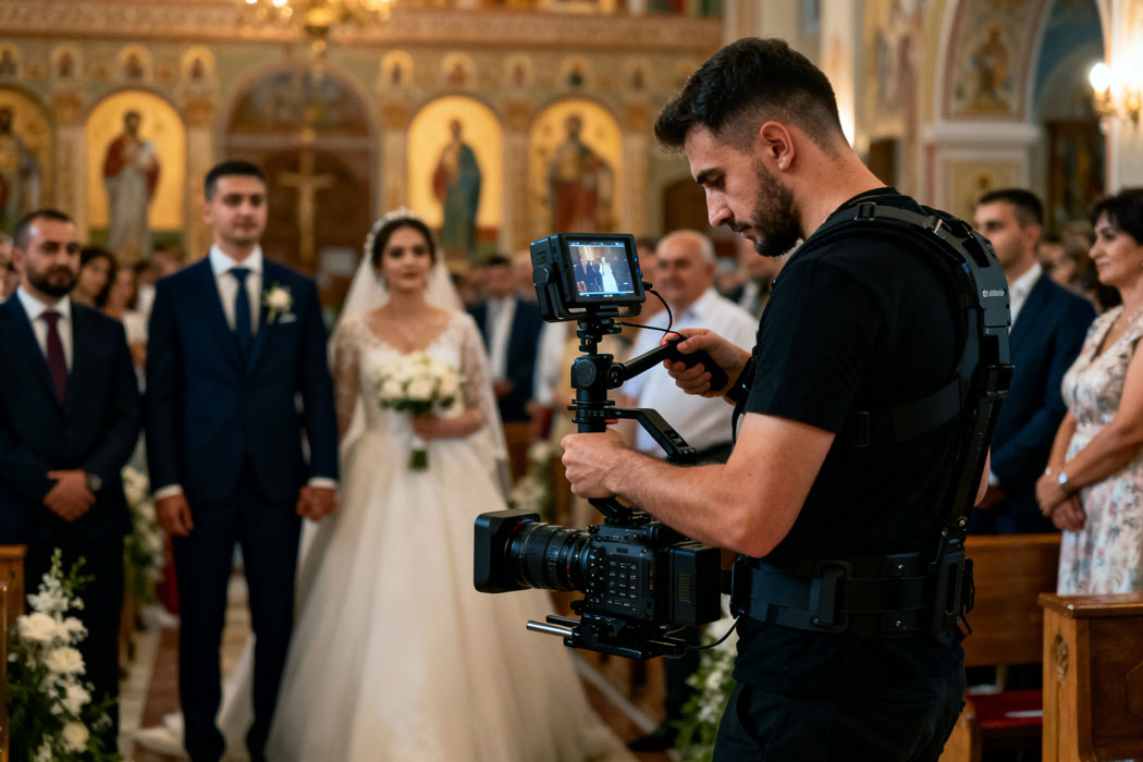 Videograf profesionist dedicat surprinde detalii si emotii cu echipament specializat si stabilizare avansata.